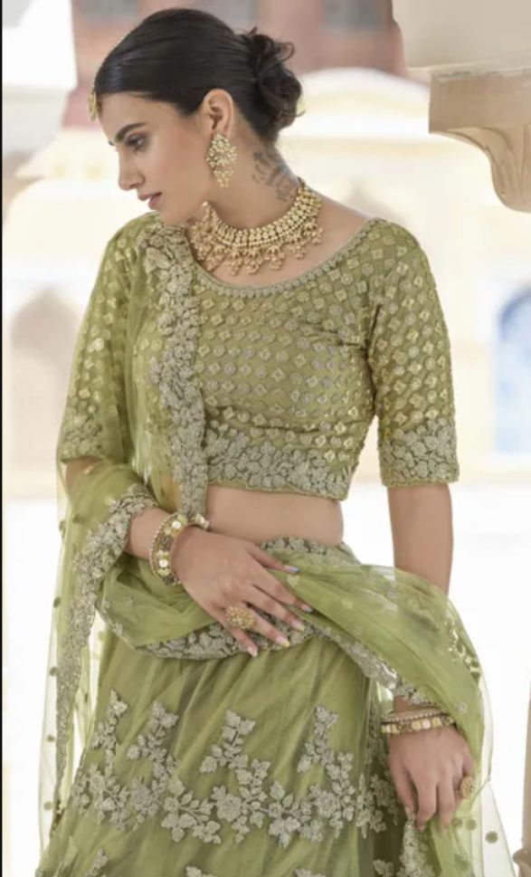 Organza Lehenga Choli in Light Olive Green Color (346€) | Unique blouse  designs, Stylish dresses, Sleeves designs for dresses
