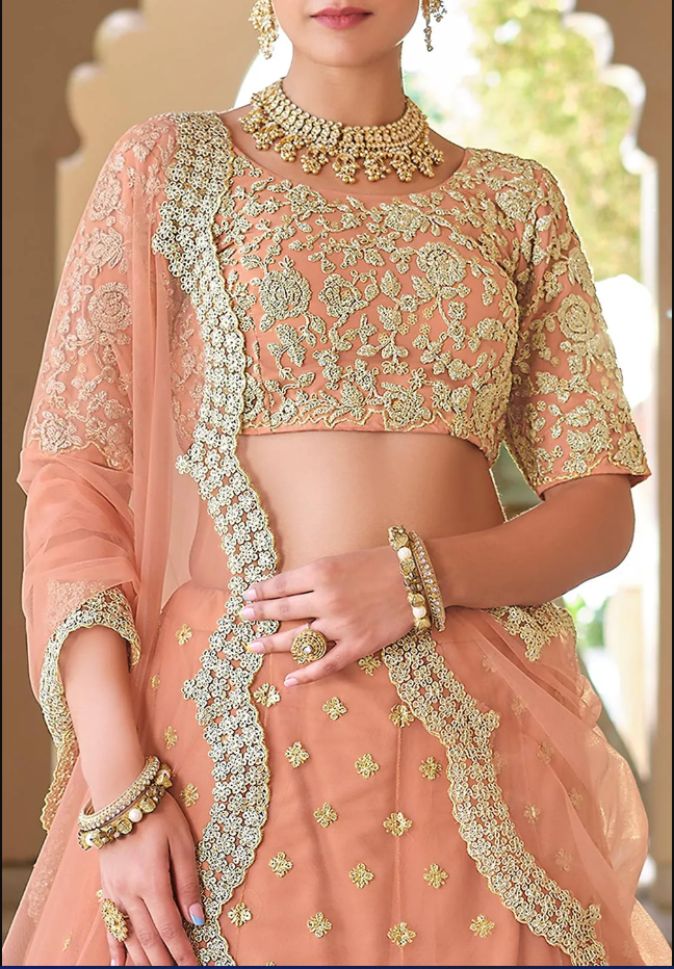 Astha Narang Peach And Red Floral Thread And Squins Embroidered Lehenga |  The Grand Trunk