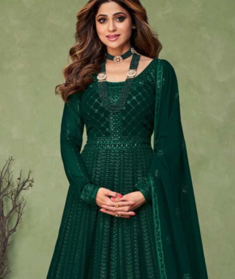 Dark Green Color Georgette Fabric Readymade Anarkali Suit - Rent