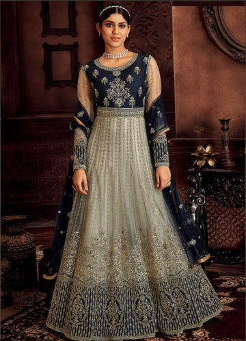 Heavy Border Grey Embroidered Anarkali Suit  - Rent