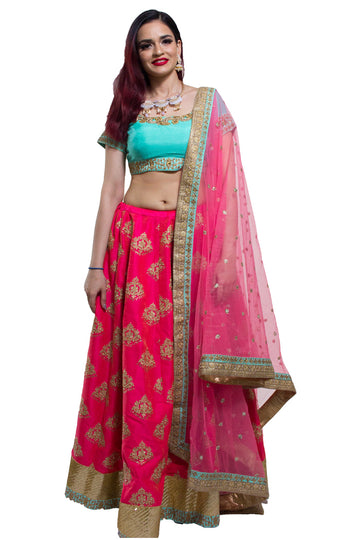 Sea Blue and Pink Lehenga Choli - Rent