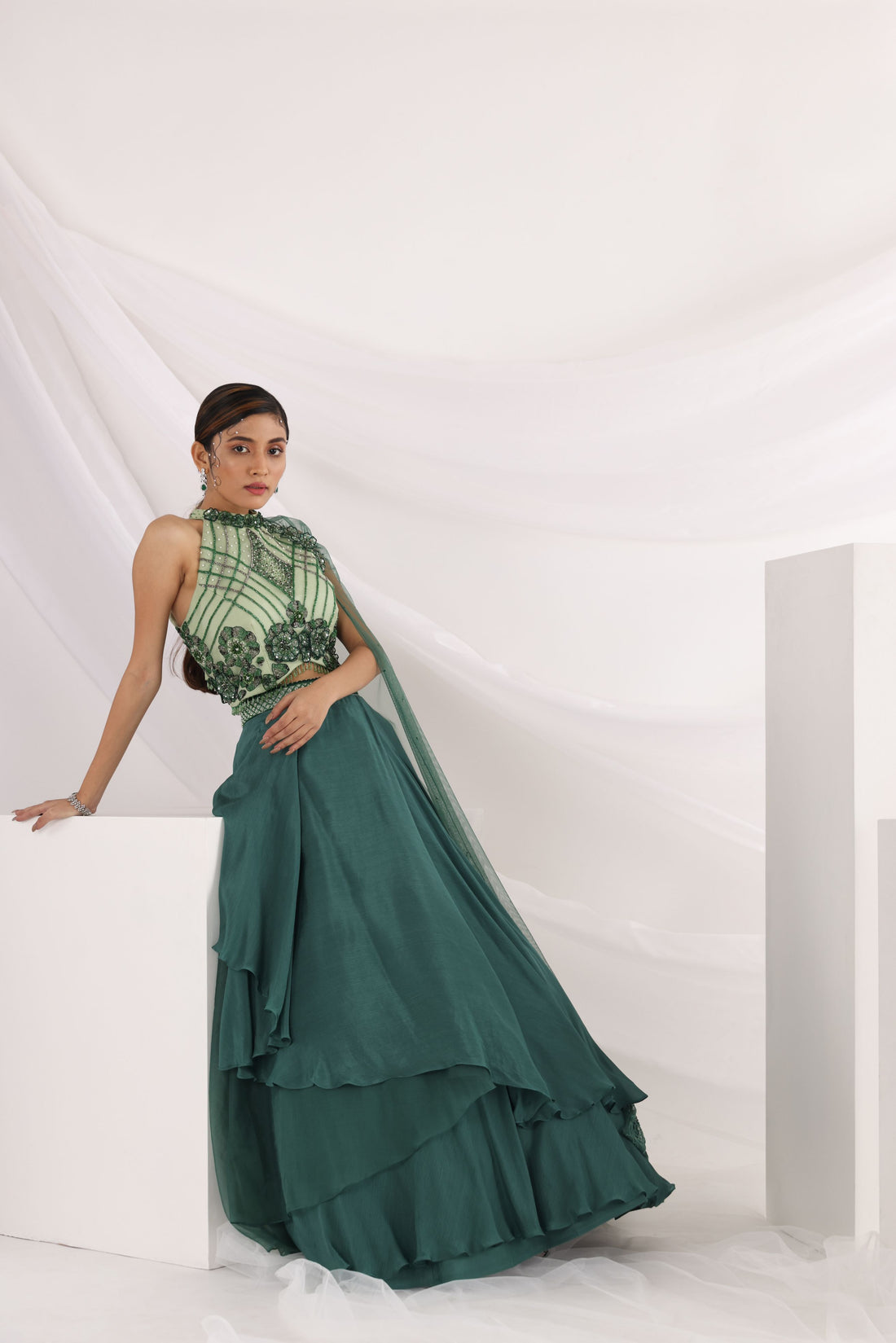 Smriti Apparel'S Classy Lorena Green Lehenga Set- Rent