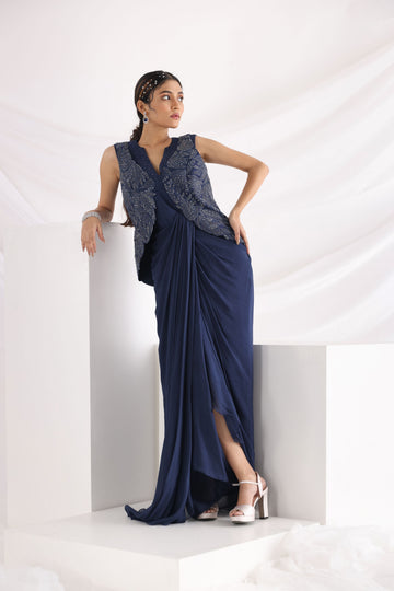 Smriti Apparel's Midnight blue drape Gowns with jacket - Rent