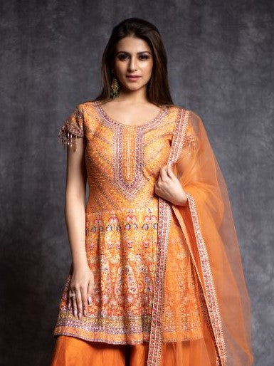 Orange Color Multi prints Silk Sharara - Rent