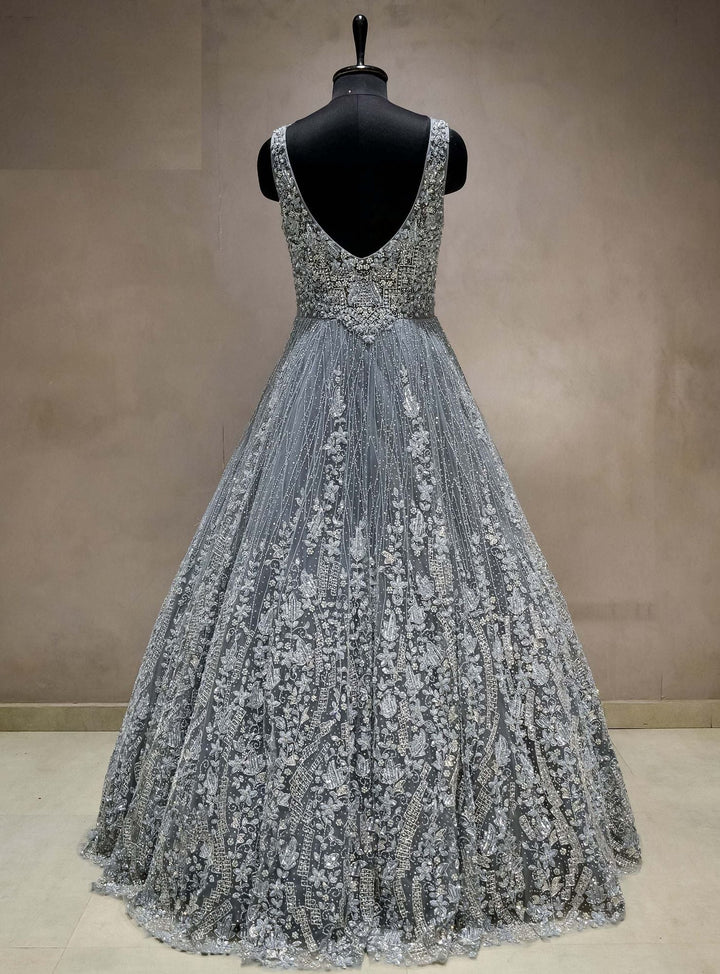 Meraj couture's sleeveless Dark Grey Gowns - RENT