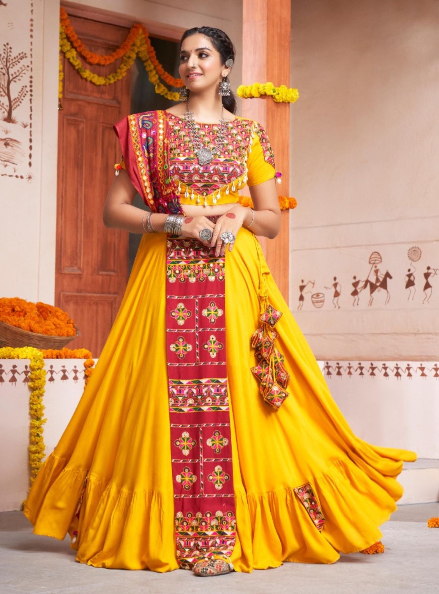 Banarasi silk circular lehenga choli in Yellow colour 5411