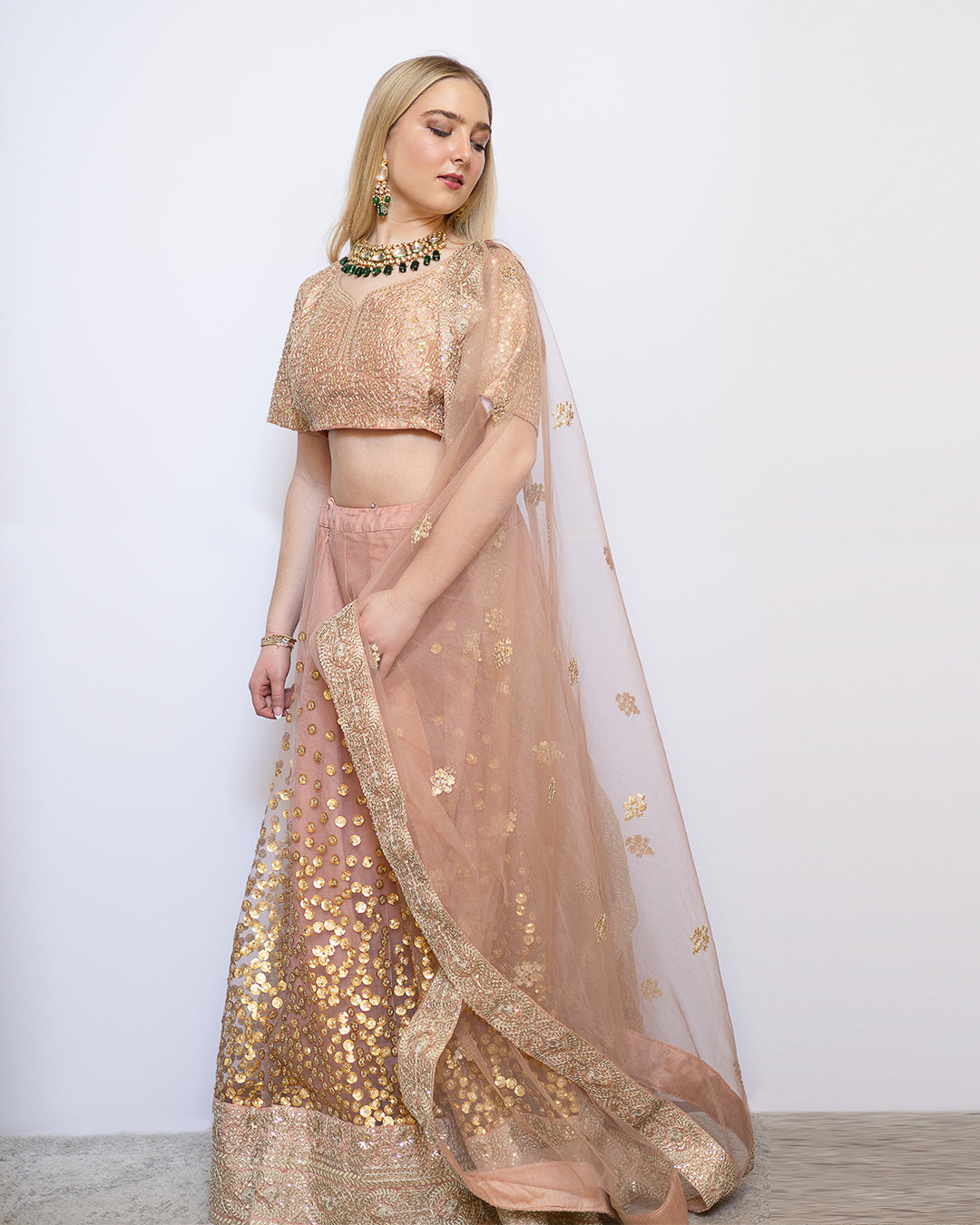 English Pink colored classy Silk Lehenga Set - Rent