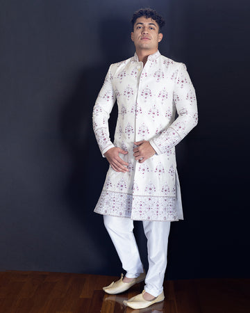 Elegant White Printed sherwani set - Rent