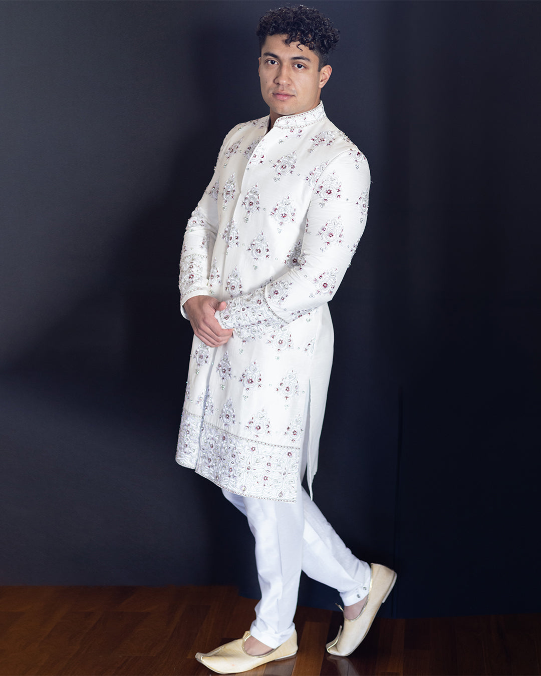 Elegant White Printed sherwani set - Rent