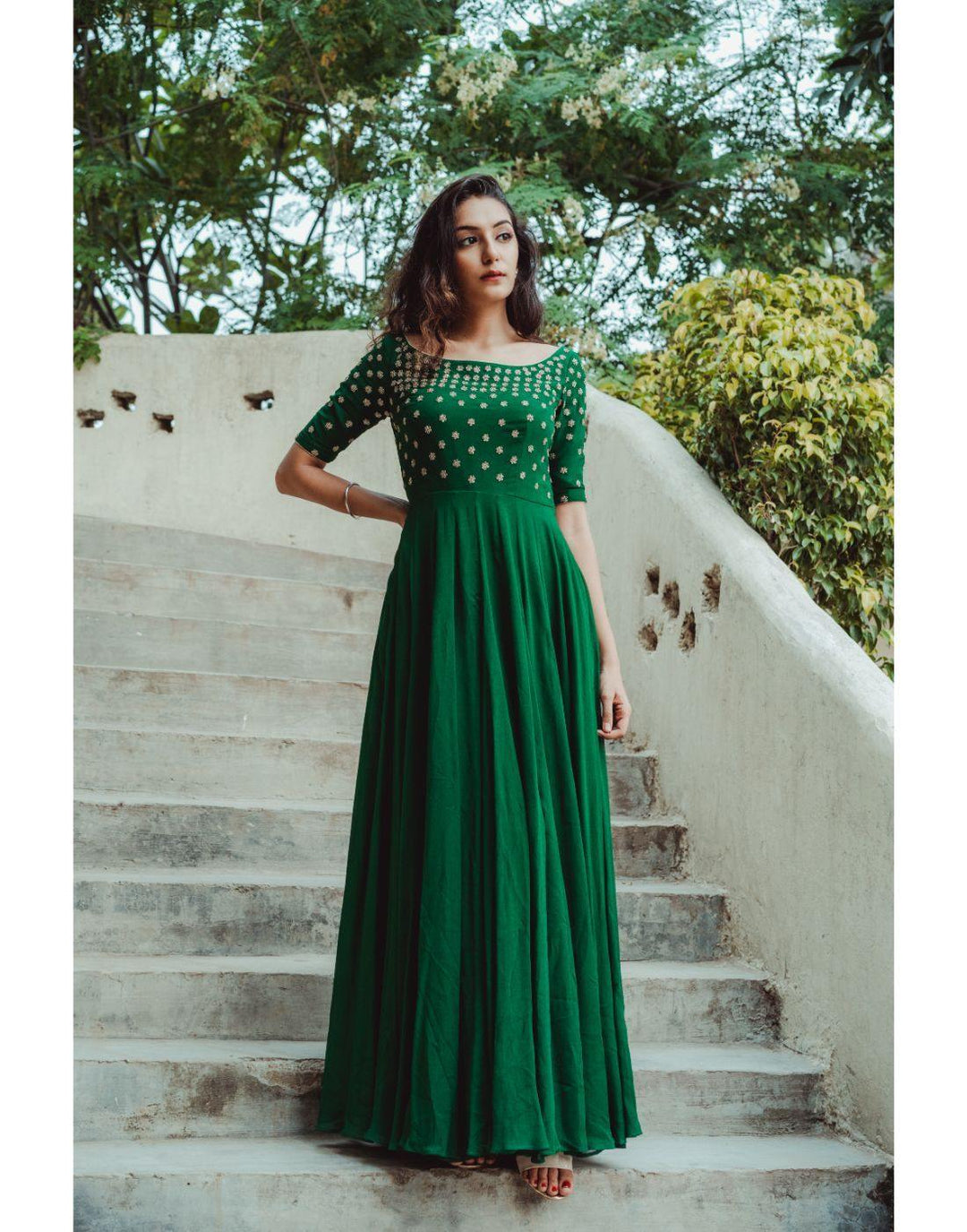Rent Green Georgette Hand Embroidered Gowns-Women-Glamourental