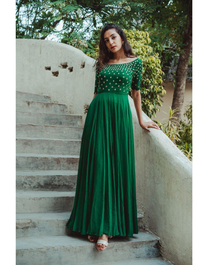 Rent Green Georgette Hand Embroidered Gowns-Women-Glamourental