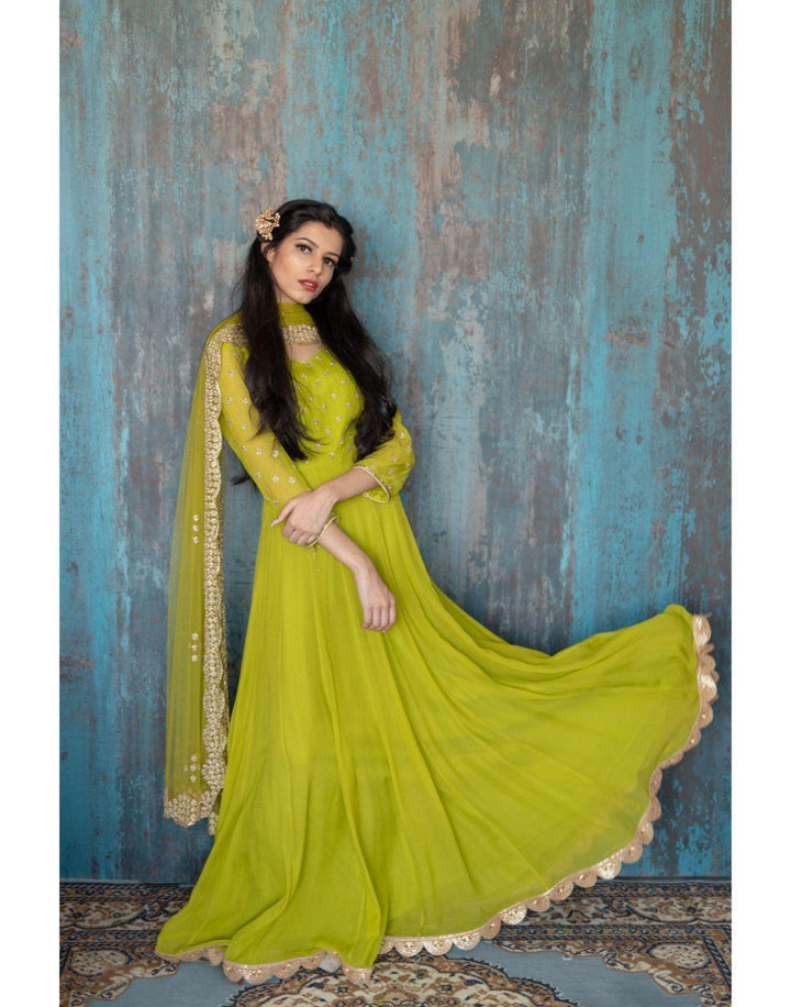 Rent Green Chiffon Handwork Anarkali-Women-Glamourental