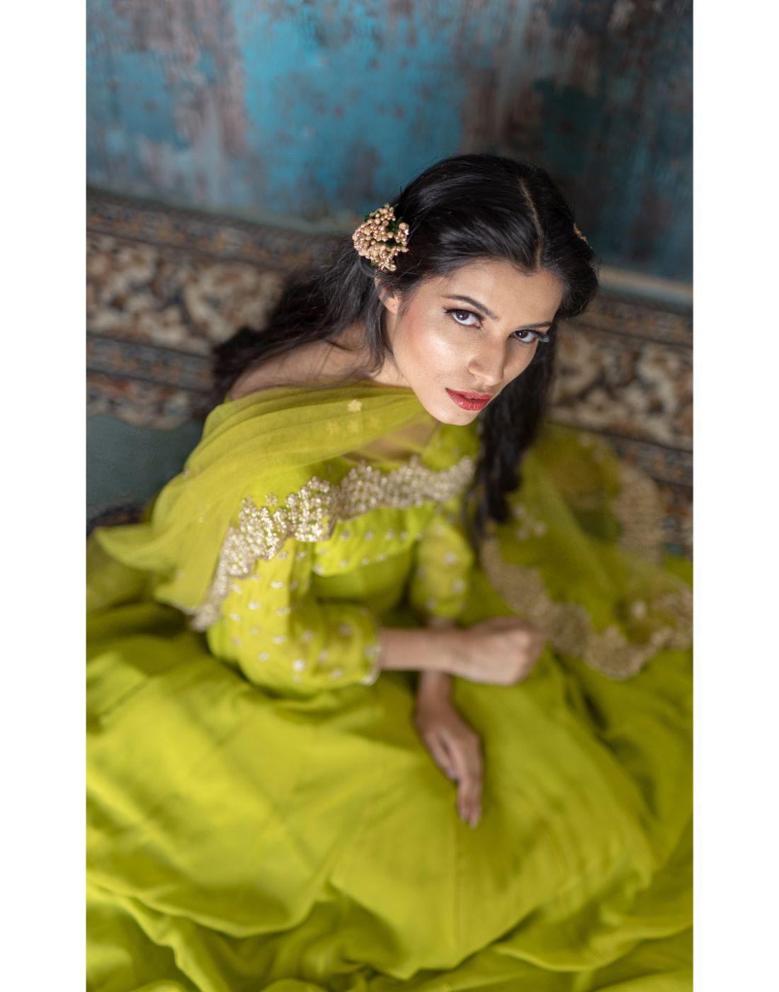 Rent Green Chiffon Handwork Anarkali-Women-Glamourental