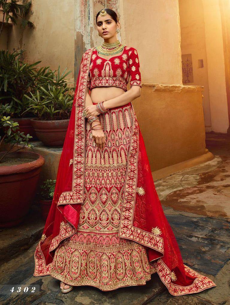 Red Pure Velvet Heavy Embroidered Bridal Lehenga Choli With Dupatta - Glamourental