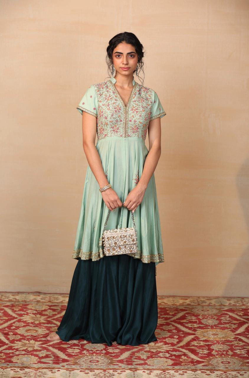 Rent Mint Green High Low Kurta with Flared Pants - Glamourental