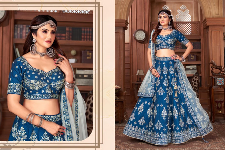 Blue Color Embroidery Art Silk Wedding Wear Lehenga Choli - Rent