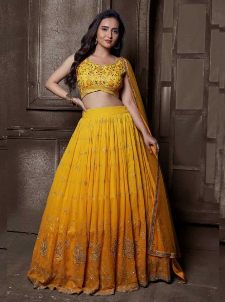 Yellow Color Embroidered Viscose Georgette Lehenga - Rent