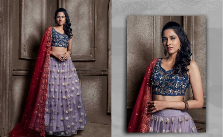 Purple and Blue Color Embroidered Viscose Georgette Lehenga - Rent