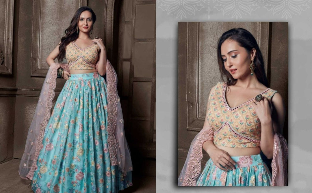 Light Yellow and Blue Color Embroidered Viscose Georgette Lehenga - Rent