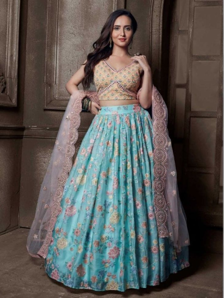 Blue Embellished Printed Lehenga With A Contrast Blouse – Roopkala Heritage