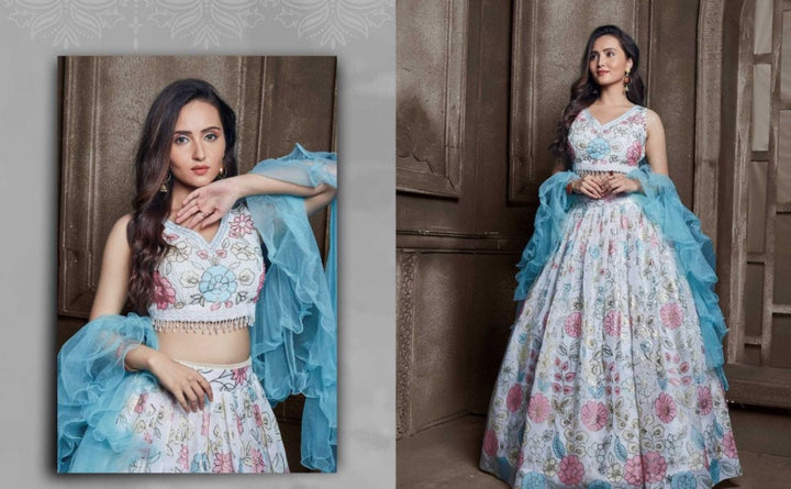 White and Blue Color Embroidered Viscose Georgette Lehenga - Rent