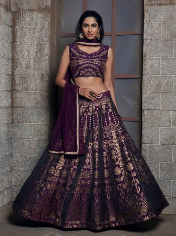 Purple Color Embroidered Viscose Georgette Lehenga - Rent