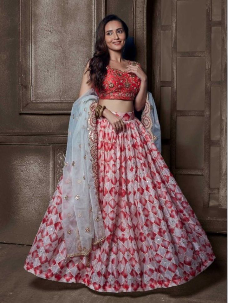 Red and White Color Embroidered Viscose Georgette Lehenga - Rent