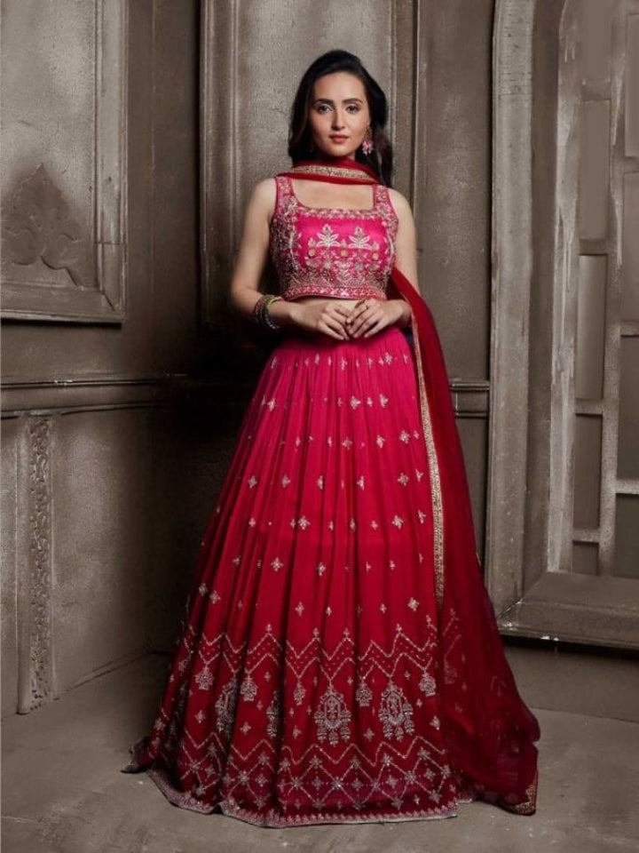 Stylish Red Color Embroidered Viscose Georgette Lehenga - Rent
