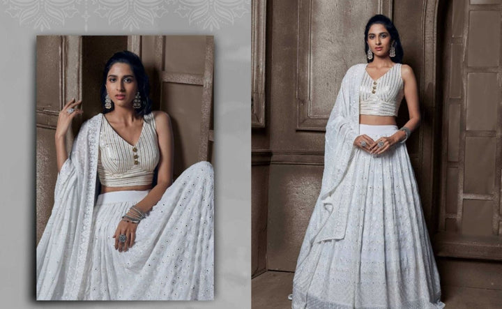 White Color Embroidered Viscose Georgette Lehenga - Rent