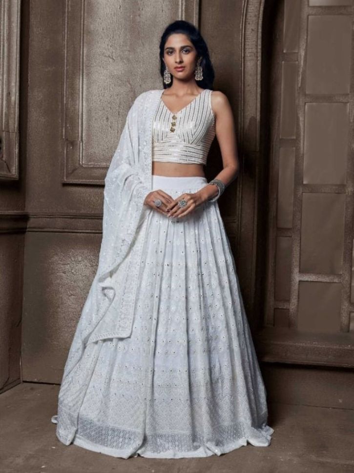 White Color Embroidered Viscose Georgette Lehenga - Rent