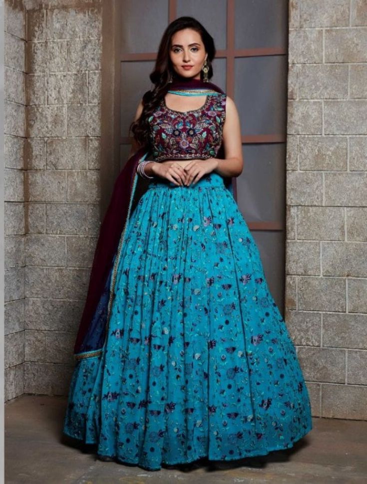 Blue and Maroon Color Embroidered Viscose Georgette Lehenga - Rent