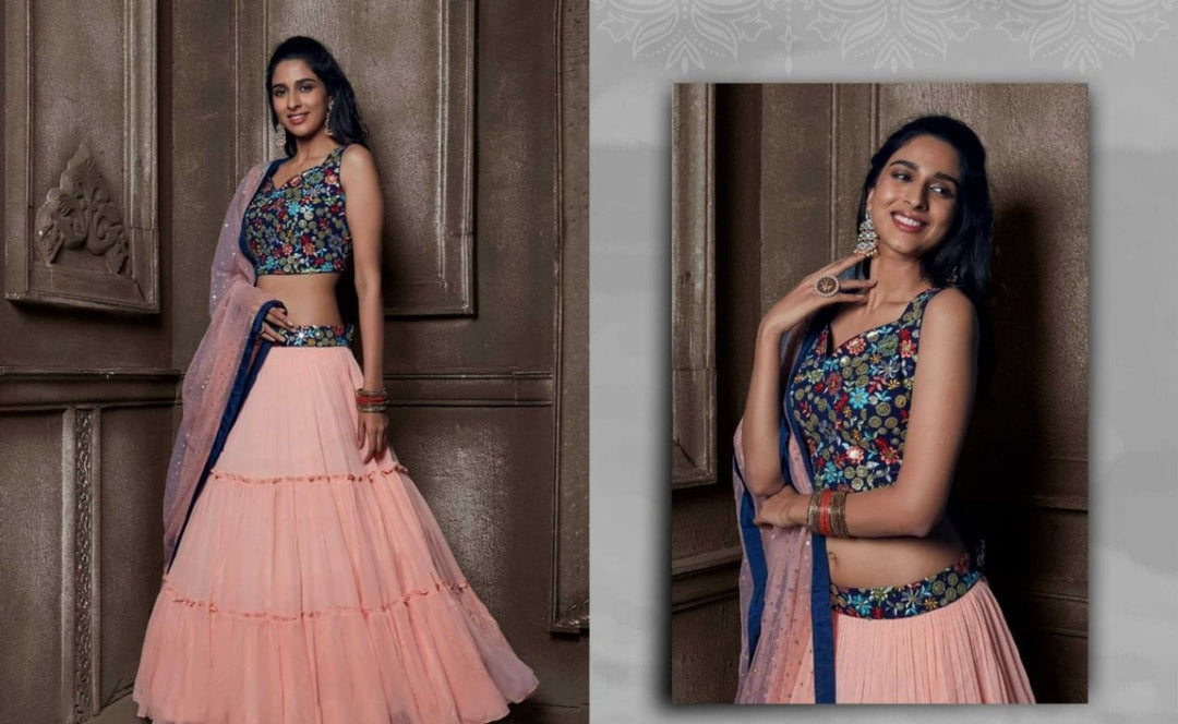Pink and Dark Blue Color Embroidered Viscose Georgette Lehenga - Rent