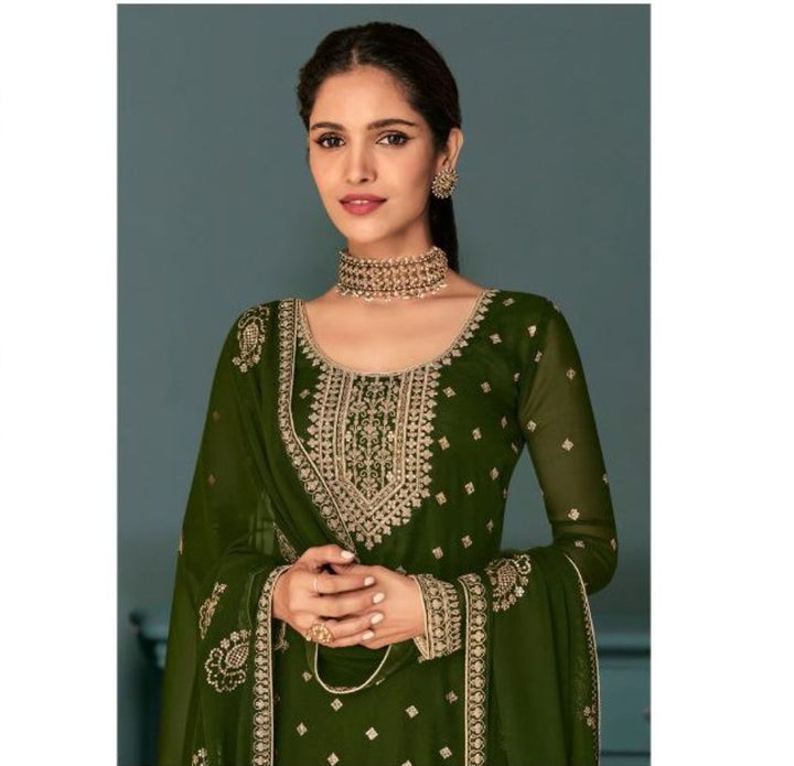 Green Color Embroidered Georgette Partywear Anarkali Dress - Rent