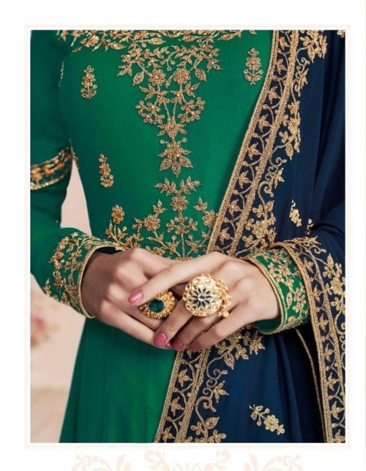 Dark Green Color Embroidered Faux Georgette Anarkali - Rent