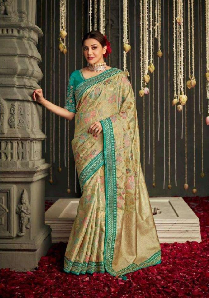 Green Patch Border Beige Silk Designer Traditional Saree - Rent