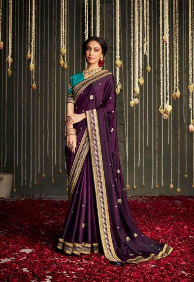 Purple Color Designer Silk Saree with Heavy Embroidery - Rent