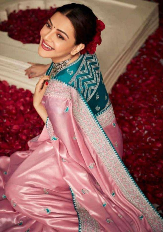Pink Soft Silk Saree With Heavy Embroidery Blouse - Rent