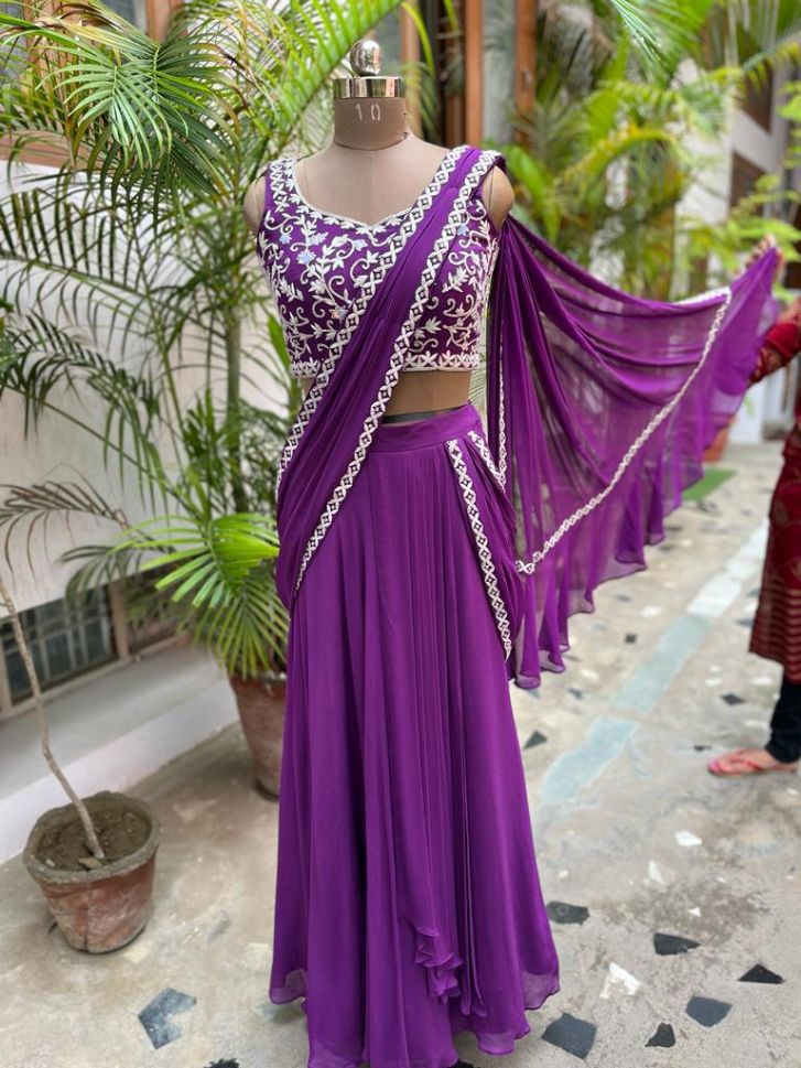 Designer Anamika's Stunning Purple Color Heavy Embroidered blouse Georgette Lehenga - Rent