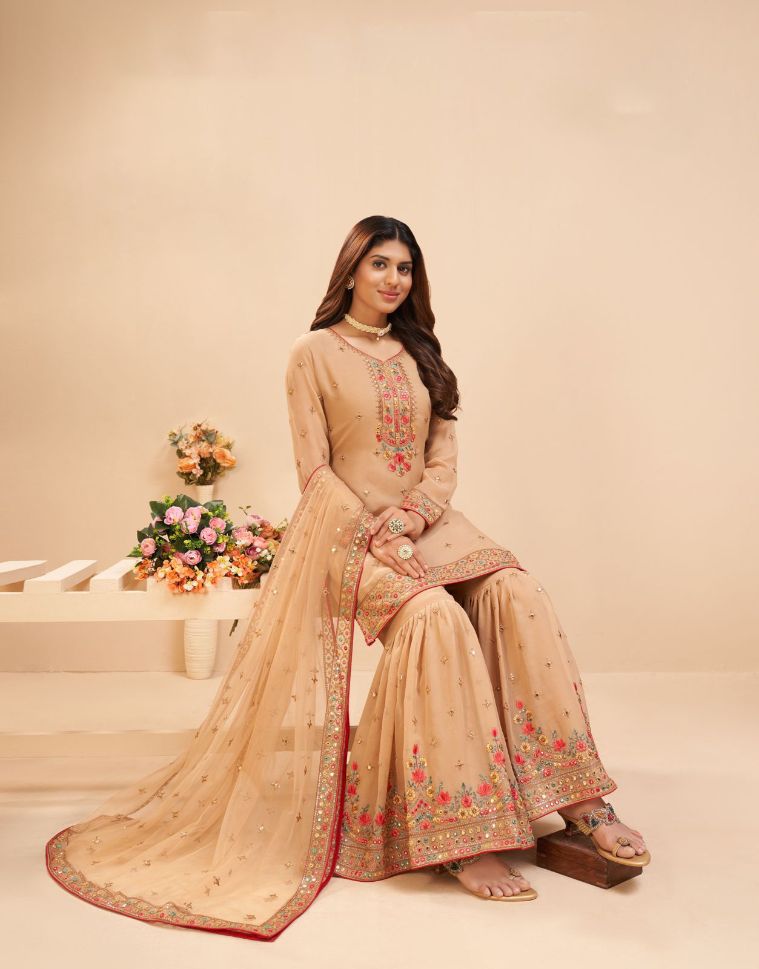 Beige Color Georgette Embroidery Sharara - Rent