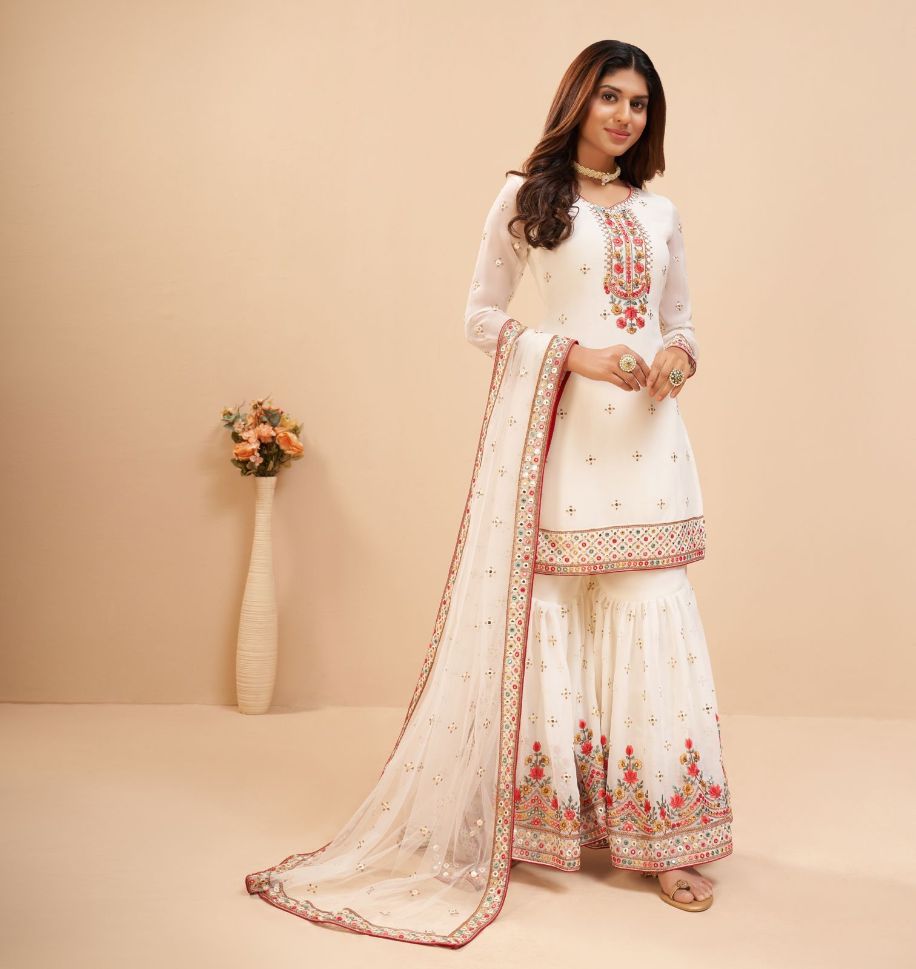 White Color Georgette Embroidery Sharara - Rent