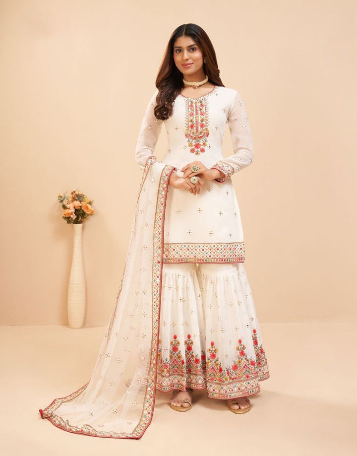 White Color Georgette Embroidery Sharara - Rent