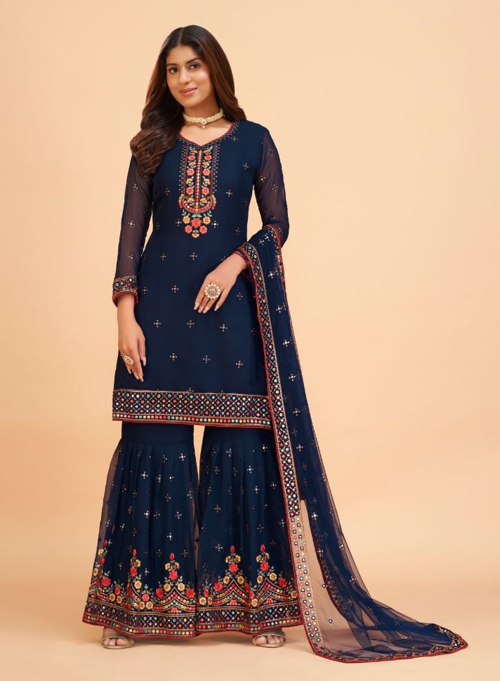 Dark Blue Color Georgette Embroidery Sharara - Rent