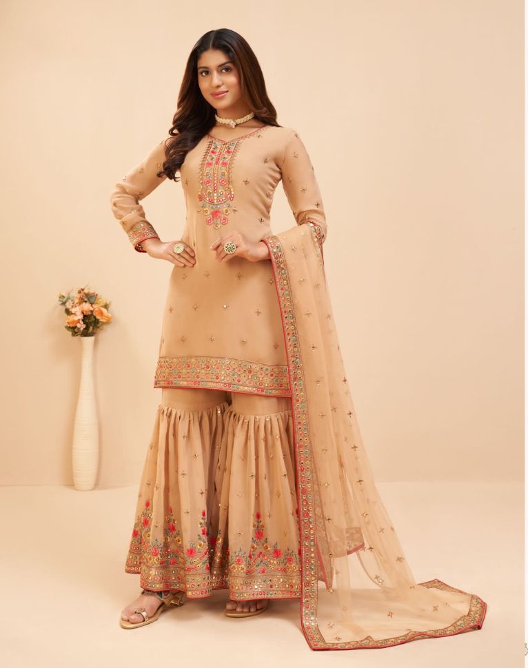 Beige Color Georgette Embroidery Sharara - Rent