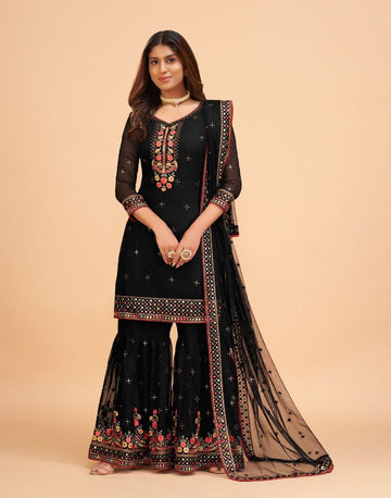 Black Color Georgette Embroidery Sharara - Rent