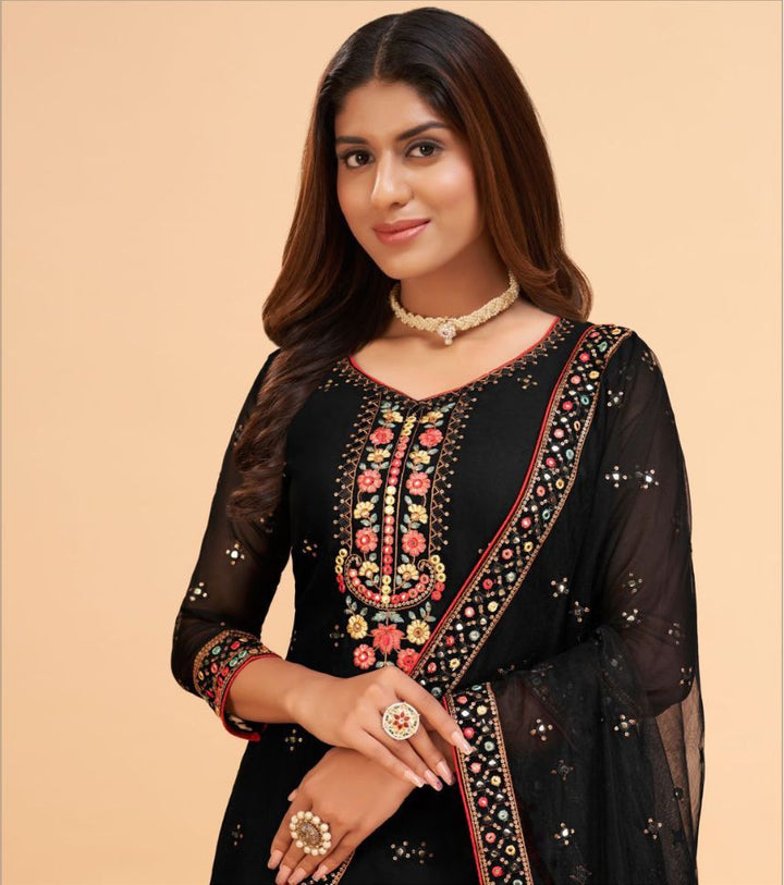 Black Color Georgette Embroidery Sharara - Rent