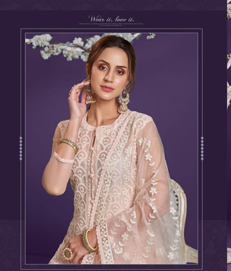 Peach Lucknowi Work Net Straight Salwar Suit - Rent