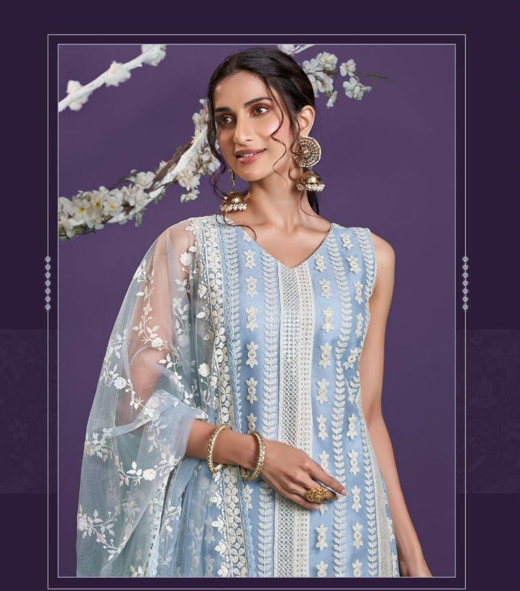 Light Blue Chikankari Net Suit - Rent