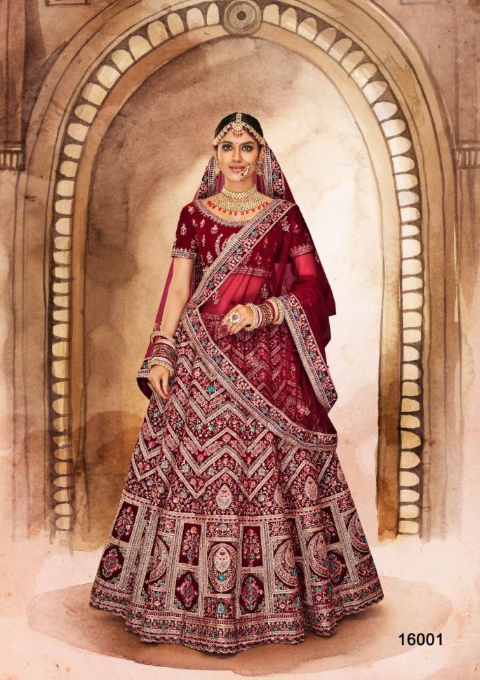 Maroon Shaded Net and Mirror work wedding Lehenga - Rent