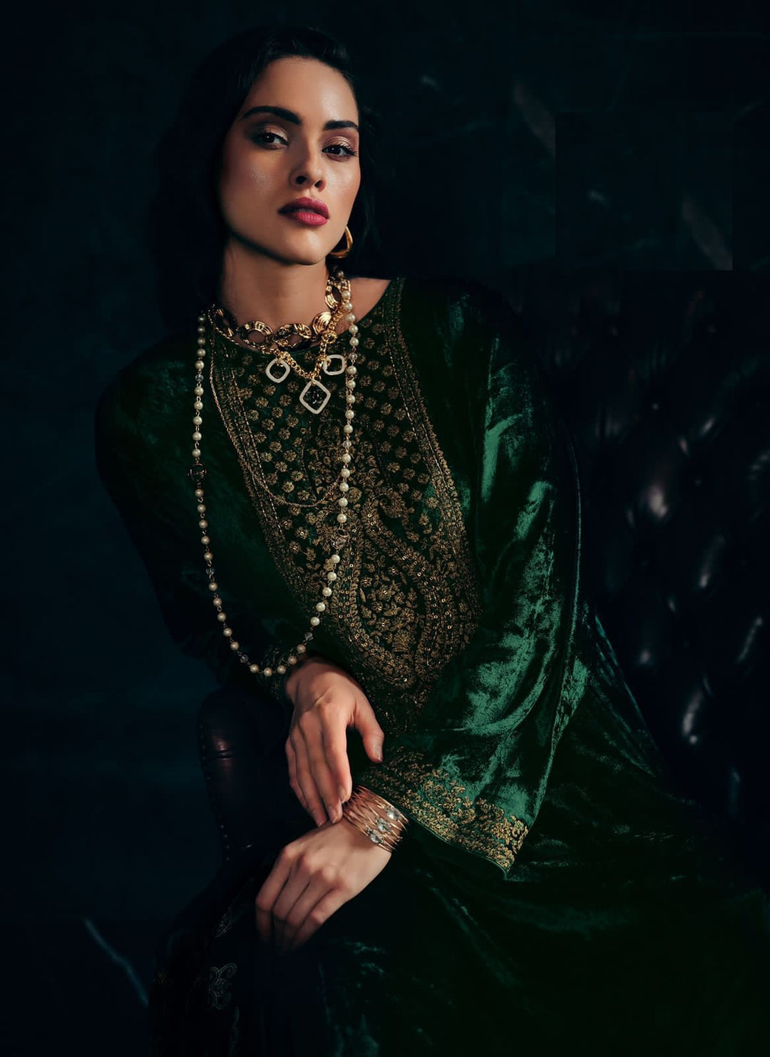 Green Velvet Embroidered suit with dupatta - Rent
