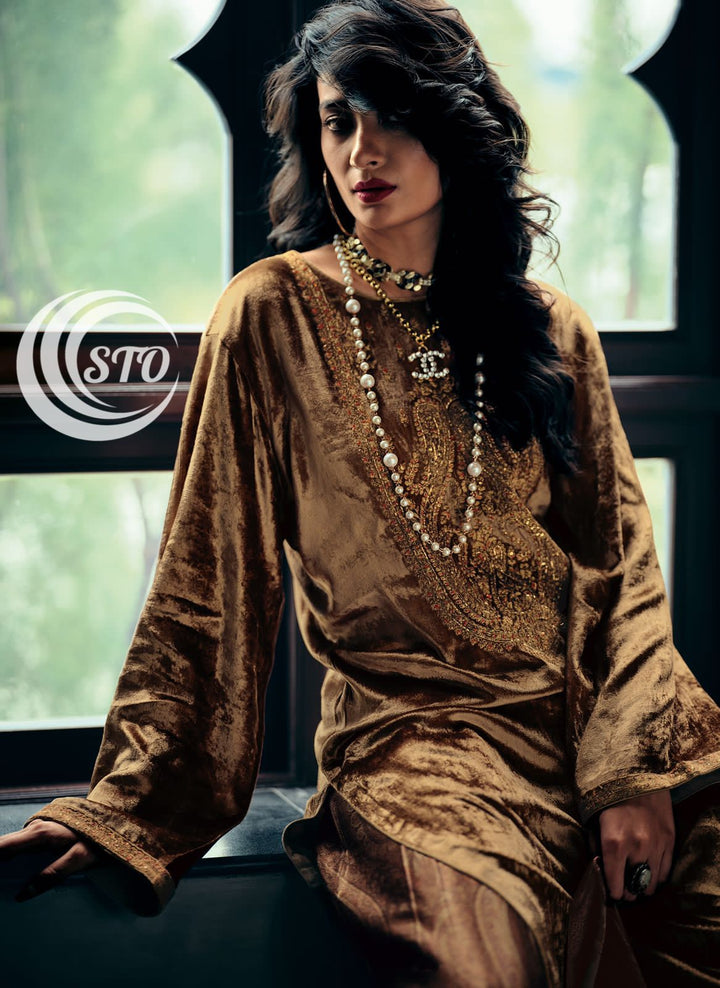 Classy Golden Velvet Embroidered suit with dupatta - Rent